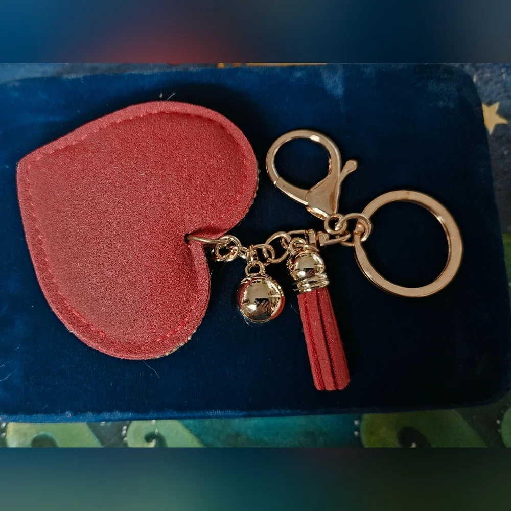 Red Rhinestone Bling Heart Keychain Purse Charm with Tassel & Gold Ball -16